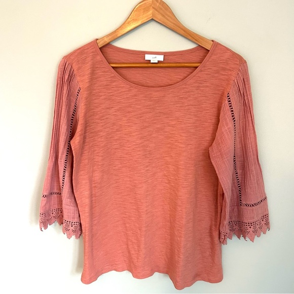 J. Jill Pink Coral Woven Lace Sleeve Top. Size Small. - Picture 2 of 10